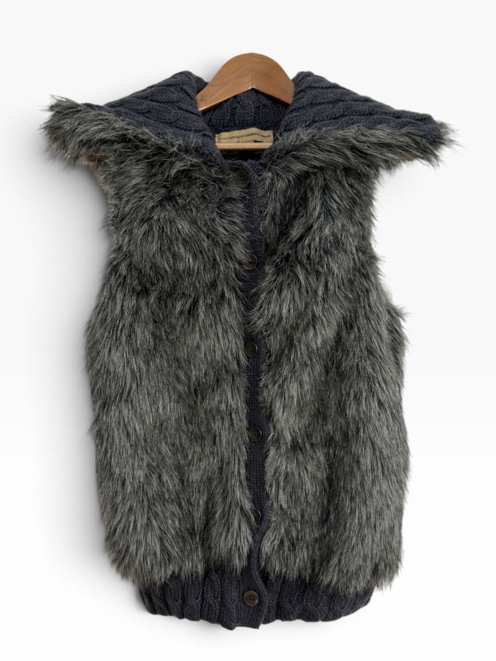 Nine West Vintage America Faux Fur Sweater Vest Gray Cable Knit Boho Y2K XS